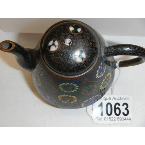 1063 - A late Victorian miniature cloissonne' teapot, knob missing from lid but otherwise in good condition... 