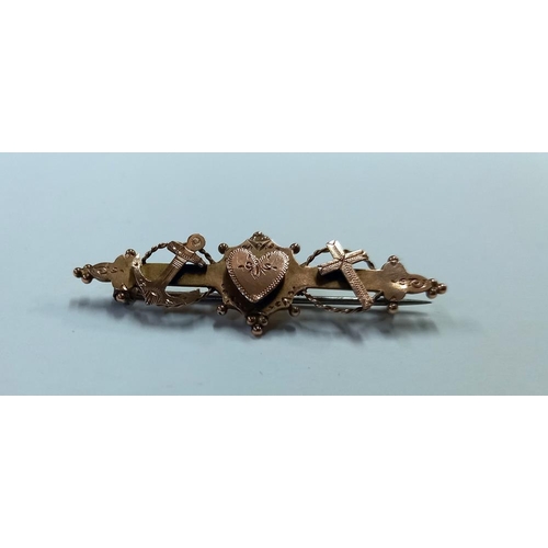 1060N - A Edwardian 9ct gold stamped brooch with a heart & cross anchor depicting Faith, Hope, Charity