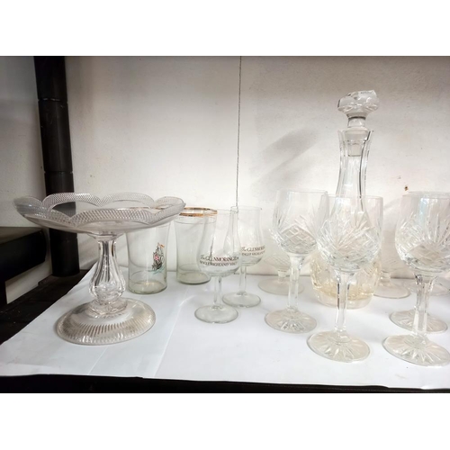 2405 - A glass decanter, set of 4 glasses & a pair of candlesticks etc. COLLECT ONLY