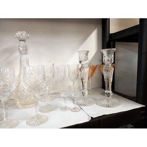 2405 - A glass decanter, set of 4 glasses & a pair of candlesticks etc. COLLECT ONLY