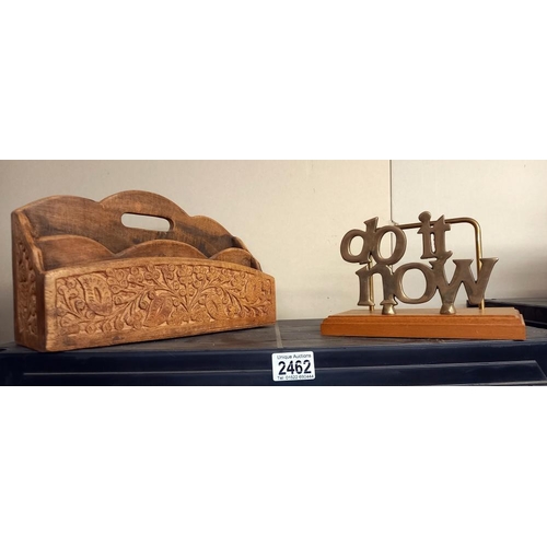 2462 - A carved teak letter rack & a novelty brass letter rack COLLECT ONLY