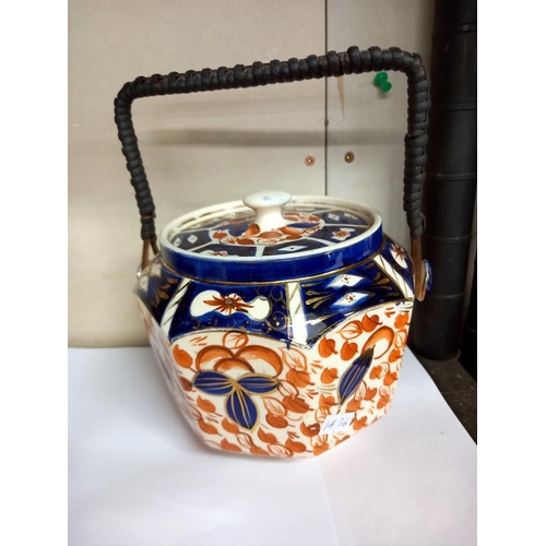 2464 - An octagon pottery Imari pattern biscuit barrel & a Coalport Blue Willow ginger jar COLLECT ONLY