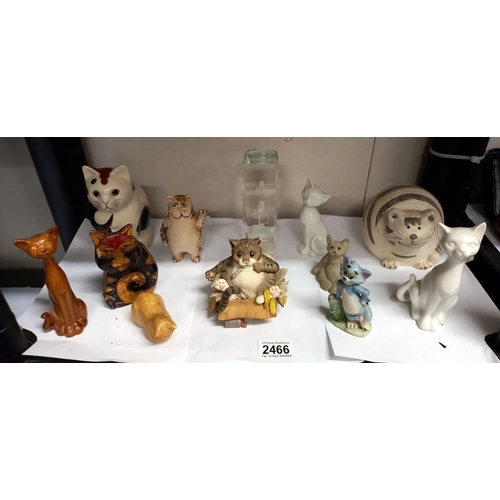 2466 - A collection of cat ornaments including Wade Tom & etched glass paperweight etc.