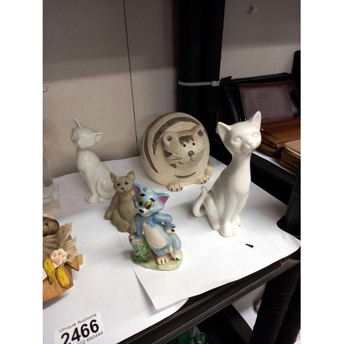 2466 - A collection of cat ornaments including Wade Tom & etched glass paperweight etc.