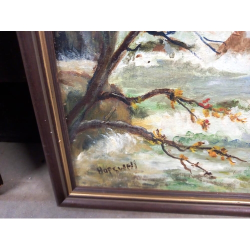 11 - A signed J Hopewell 20th century oil on board, waterfall, & a oil on board by Audrey Johnson, title ... 