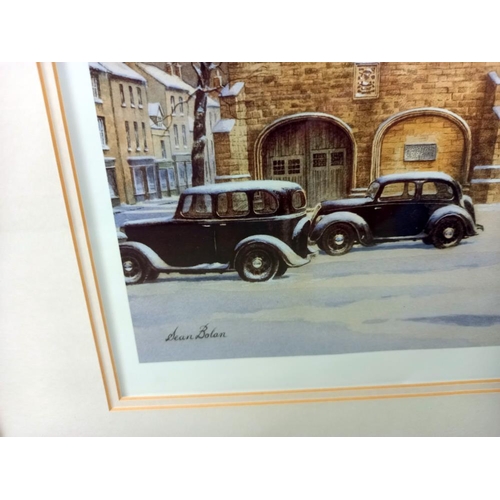 15 - A signed framed & glazed print by Sean Bolan of classic cars in street scene COLLECT ONLY