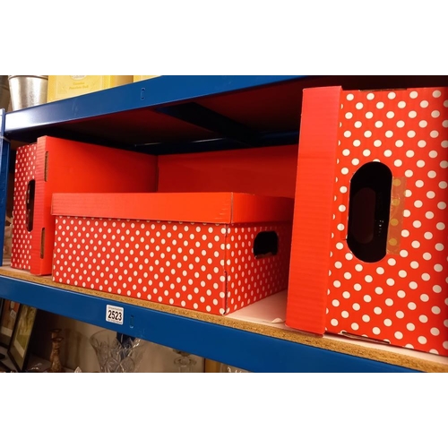 2523 - 4 red & white polka dot cardboard storage boxes