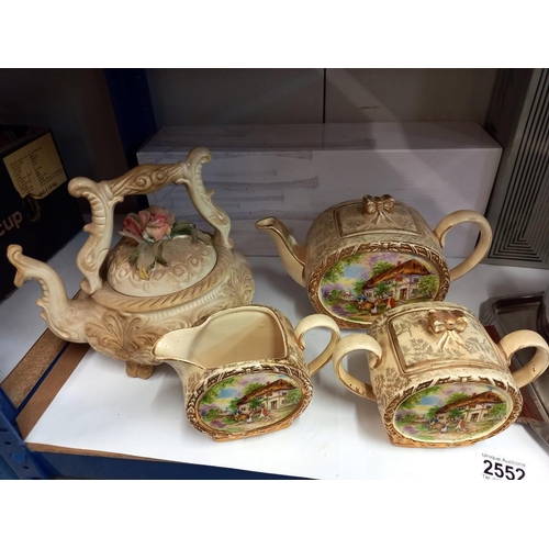 2552 - A Sadler Cottage 3 piece tea set & Capodimonte teapot & boxed stainless steel 'Sarosh' tea set COLLE... 