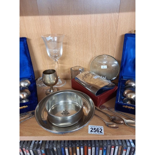 2562 - A boxed 1996 Jackson pewter hip flask & silver plated goblet sets etc.