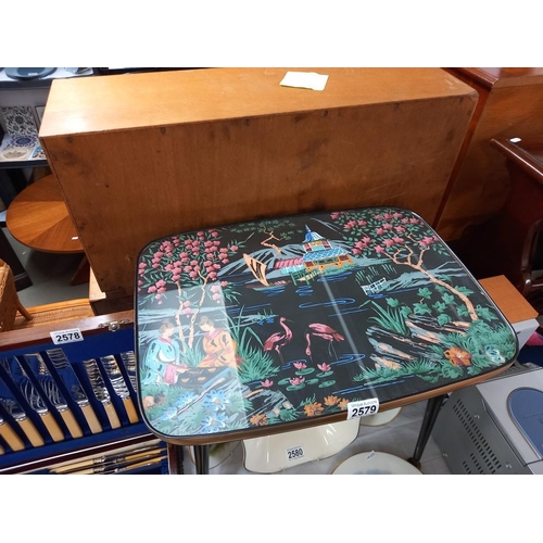 2579 - A retro 1960's coffee table with Chinese watercolour under glass top COLLECT ONLY