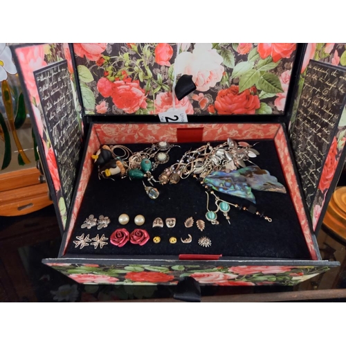 2587 - A jewellery box with costume jewellery including pearls & 1 other jewellery cabinet COLLECT ONLY