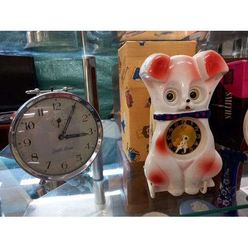 2656 - A boxed Vintage Smiths Noddy alarm clock and boxed googly eye dog clock etc, Collect Only