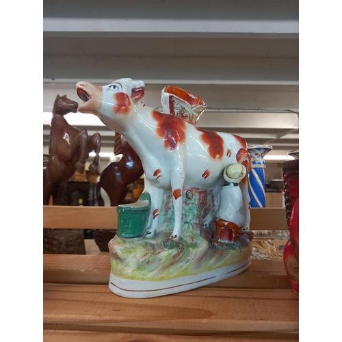 2679 - A vintage pottery bulldog planter Staffordshire flatback and cow creamer / spill vase Collect only