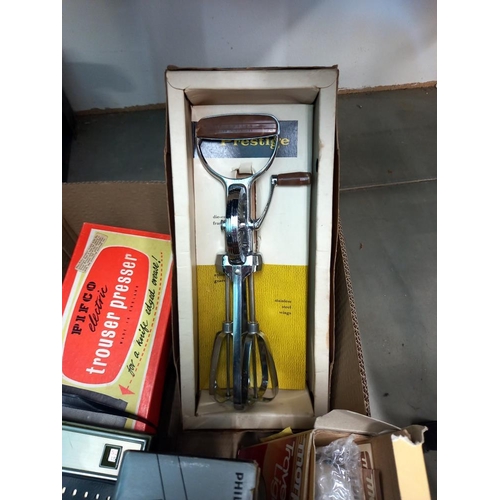 2692 - A box of vintage electrical items including Pifco trouser press and caddy-making tea dispenser Colle... 