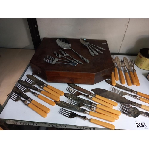 2695 - A oak cutlery box and quantity of loose cutlery & old tins etc collect only