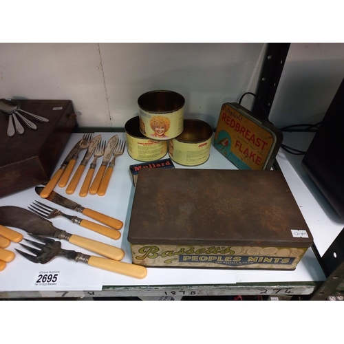 2695 - A oak cutlery box and quantity of loose cutlery & old tins etc collect only