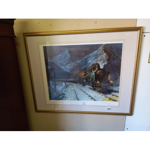 2889 - A framed & glazed signed Orient Express locomotive print by Terence Cuneo (83cm x 67cm) collect only