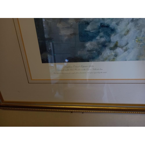 2889 - A framed & glazed signed Orient Express locomotive print by Terence Cuneo (83cm x 67cm) collect only