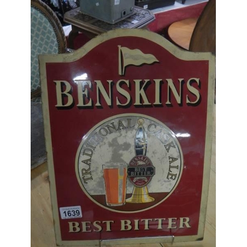 1639 - An old Benskins Best Bitter enamel sign in cast metal wall mount with wooden backing, COLLECT ONLY.