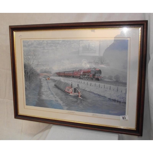 83 - A signed print titled 'Autumn frosts' by B.J.Freeman of steam train above narrowboat COLLECT ONLY