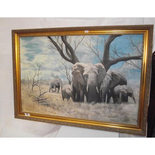 85 - A gilt framed oil on board painting of a herd of elephants by Barry Bailey 81cm x 61cm  COLLECT ONLY