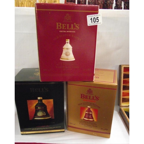 105 - 3 boxed  Bells whisky decanters Christmas, Christmas 99 and Christmas 2000