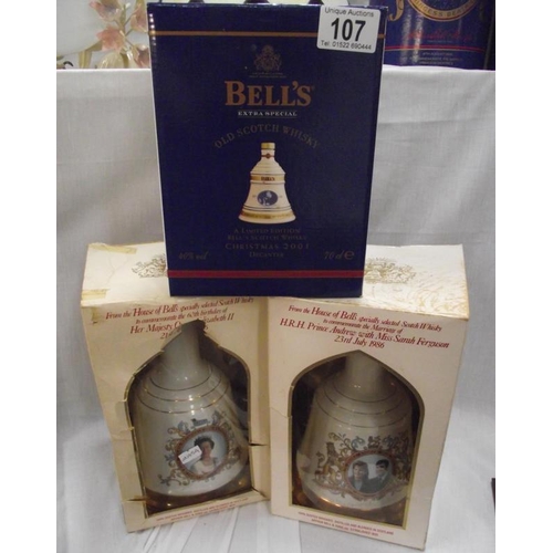 107 - 3 boxed Bells whisky decanters H.M. the Queens 60th birthday, Christmas 2001 and Duke and Duchess of... 