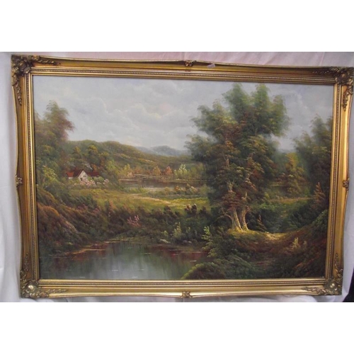 114 - A gilt framed oil on canvas landscape picture 102cm x 72cm COLLECT ONLY