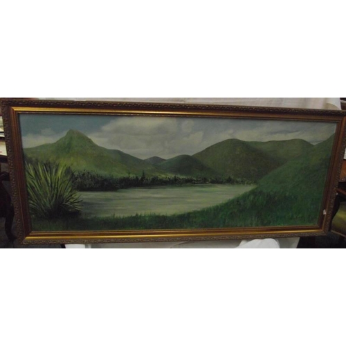 116 - A gilt framed panoramic subtropical mountain scene oil on board 133cm x 57cm COLLECT ONLY