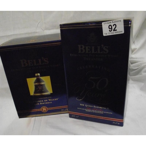 92 - 2 Boxed Bells whisky decanter H.M. The Queen 50th year of reign and Prince of Wales 50th birthday un... 