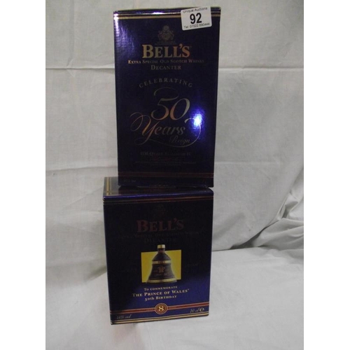 92 - 2 Boxed Bells whisky decanter H.M. The Queen 50th year of reign and Prince of Wales 50th birthday un... 