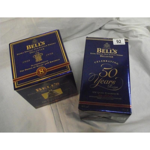 92 - 2 Boxed Bells whisky decanter H.M. The Queen 50th year of reign and Prince of Wales 50th birthday un... 