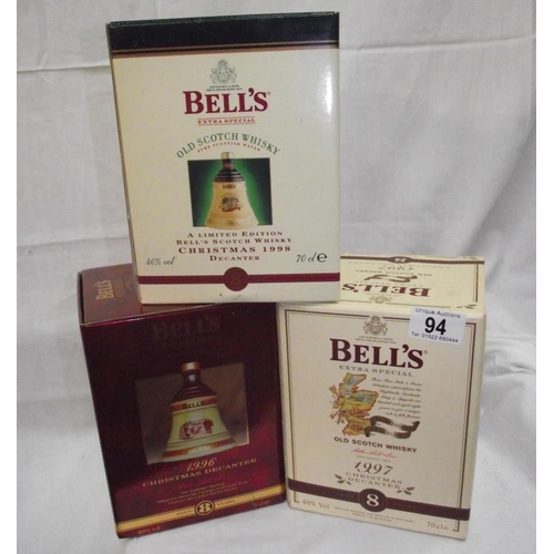 94 - 3 boxed Bell whisky decanetrs Christma 96, 97 and 98 unopened