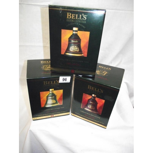 96 - 3 boxed Bells whisky decanters Christmas 92, 94 and 95