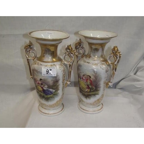 97 - A pair of 19c continental porcelain vases with hand painted panels