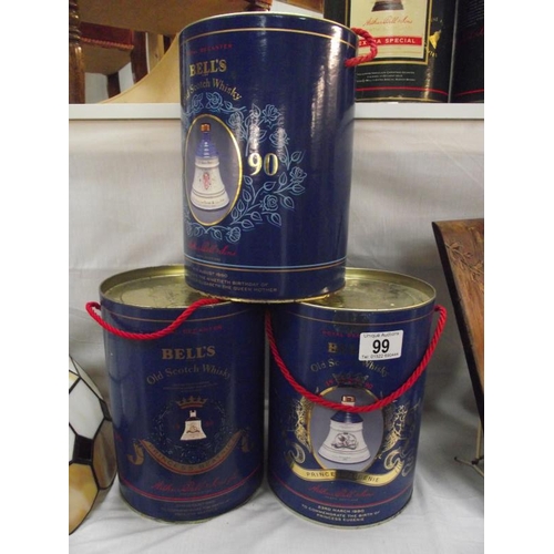 99 - 3 boxed Bells whisky decanters Queen mums 90th birthday, Beatrice and Eugenie unopened, rust pitting... 