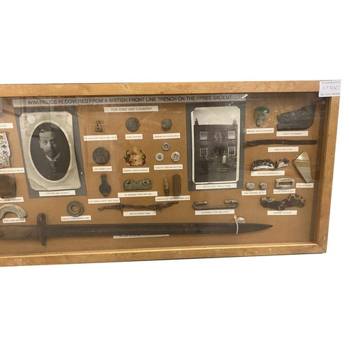 1030C - A framed WW1 display of Relics From a British Line Trench from Ypres Salient  COLLECT ONLY