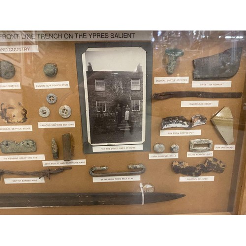 1030C - A framed WW1 display of Relics From a British Line Trench from Ypres Salient  COLLECT ONLY