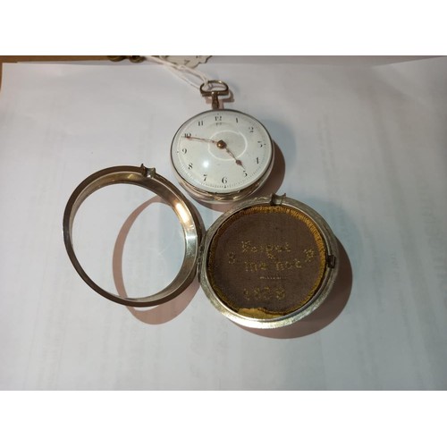 1017 - A silver pair-cased Verge, unsigned, silver dust cover, key wind pocket watch with 'Forget-Me-Not' w... 