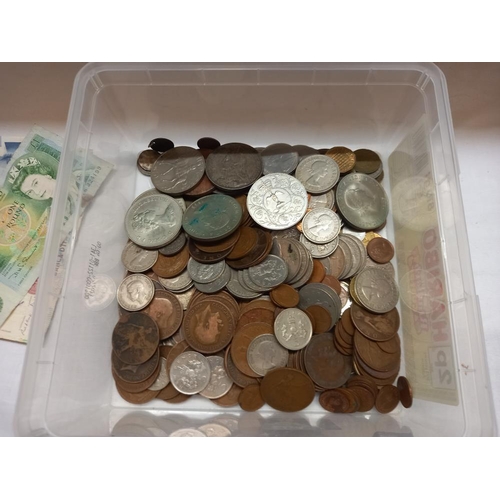 203 - A quantity of coins and some notes including Victoria crown, some silver etc