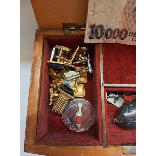 205 - A wooden jewellery box and contents including cufflinks