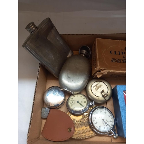 207 - Tray of misellaneous  including hip flasks, masonic collapsible  cup etc