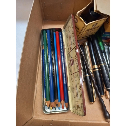 208 - A tray of fountain pens etc including biro's, pencils, ink etc