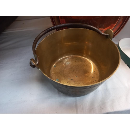 257 - An engraved brass bowl, a brass jam pan & a copper warming pan COLLECT ONLY