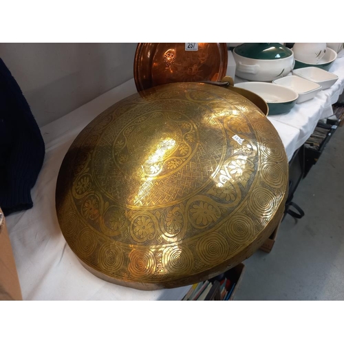 257 - An engraved brass bowl, a brass jam pan & a copper warming pan COLLECT ONLY