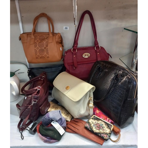 259 - A quantity of ladies handbags, gloves & umbrellas etc. COLLECT ONLY