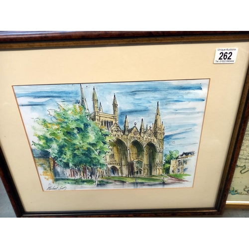 262 - A Signed framed & glazed Michael Scott 20th century fine pen & ink watercolour study of Lincoln Cath... 