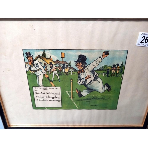 266 - A framed & glazed whimsical cricket watercolour (39cm x 29cm) COLLECT ONLY