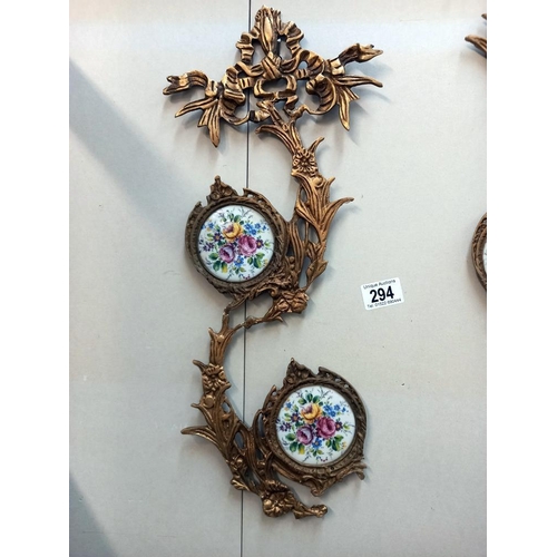 294 - Pair of brass ormalu wall hangings with floral porcelain panels - Collect only