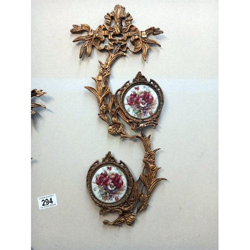 294 - Pair of brass ormalu wall hangings with floral porcelain panels - Collect only